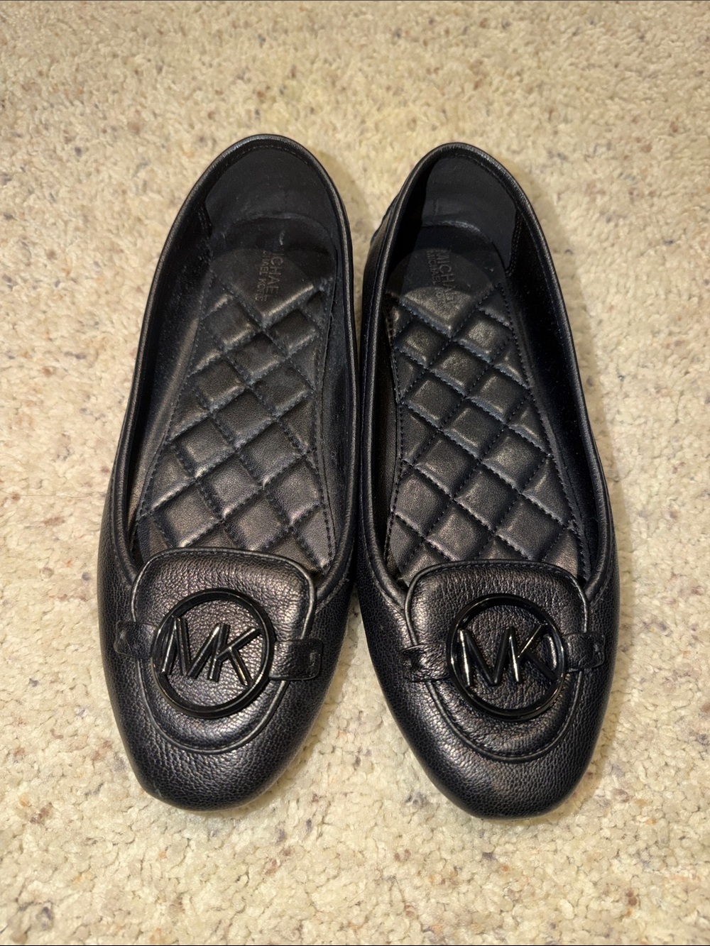 Michael Kors Black Quilted Insole MK Logo Leather Flats